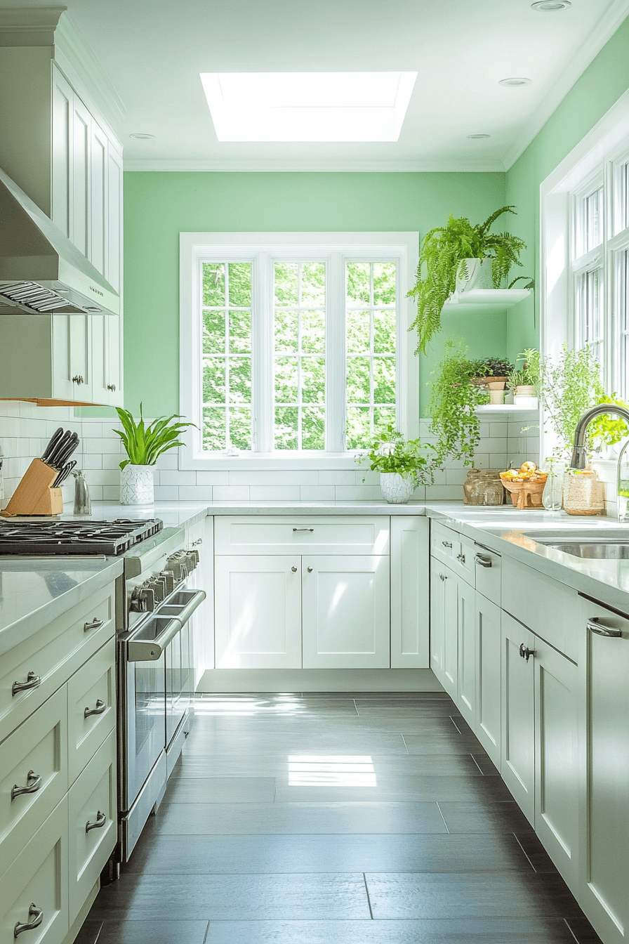 green and white kitchen