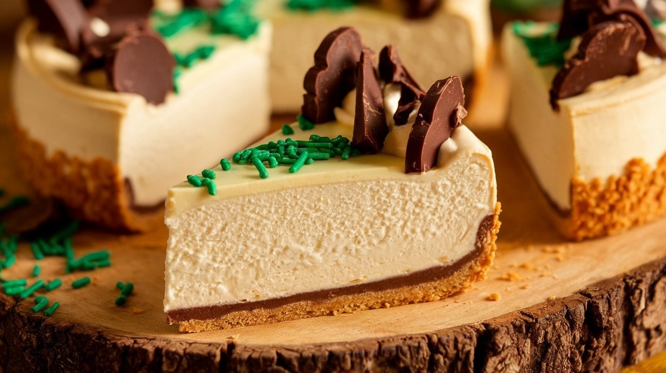 Slice of no-bake Irish cream cheesecake on a plate, garnished with chocolate shavings and green sprinkles.
