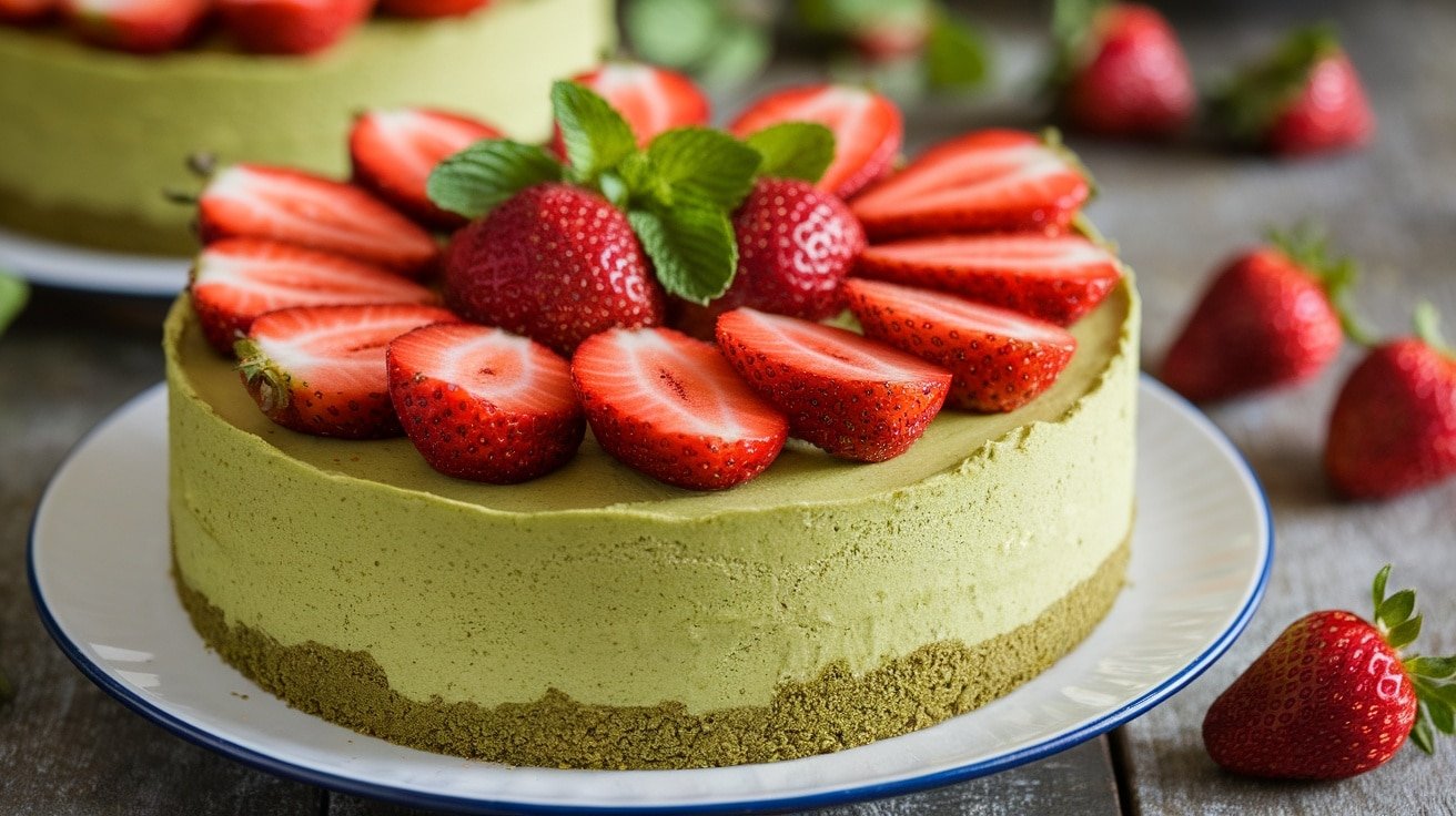 A no-bake matcha strawberry cheesecake topped with fresh strawberries and mint, on a rustic table.