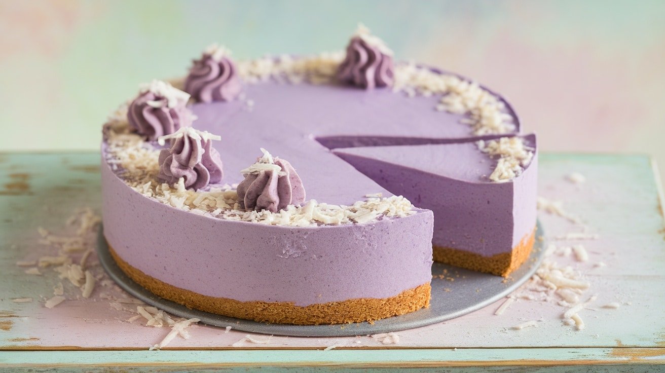 A slice of No-Bake Ube Cheesecake on a plate, garnished with coconut, showcasing the rich purple color of the dessert.