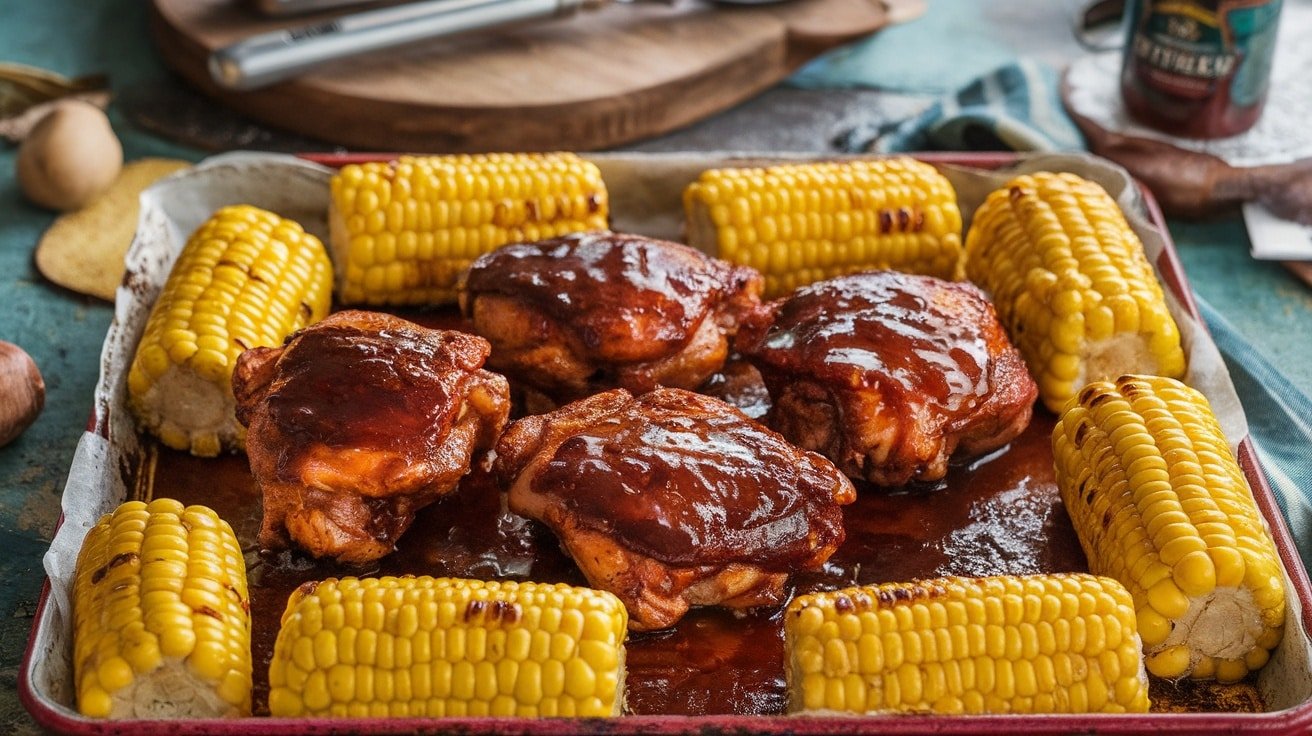Sheet pan with BBQ chicken thighs and corn on the cob, showcasing a colorful and inviting family dinner.
