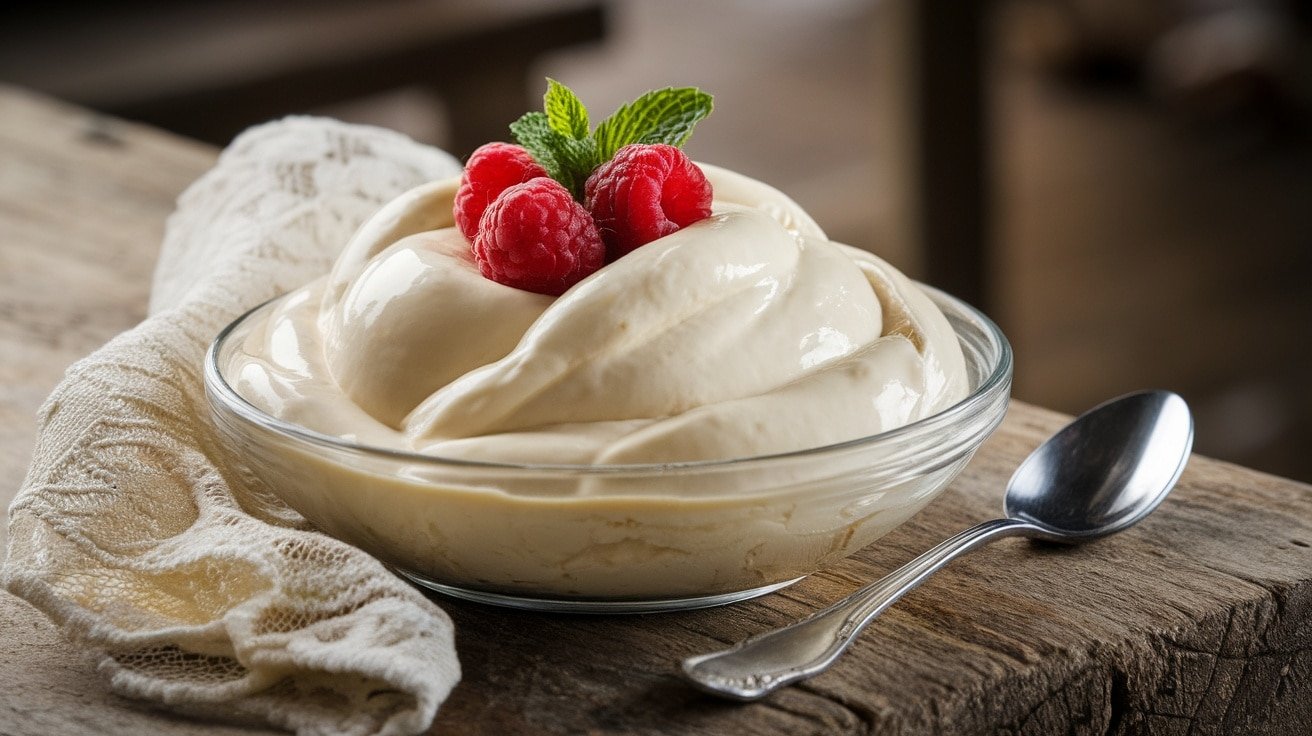 A bowl of white chocolate mousse garnished with raspberries and mint on a rustic table.