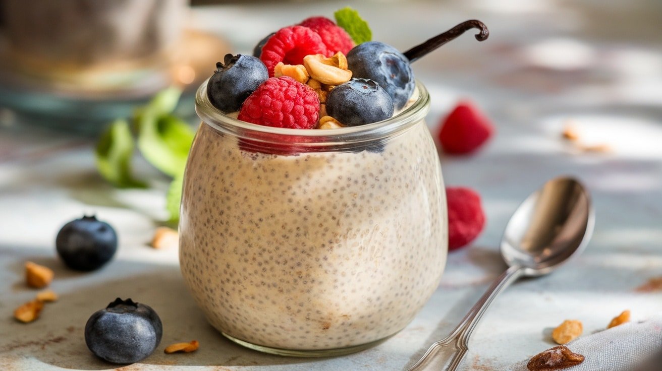 A jar of vanilla bean chia pudding with berries and nuts on a rustic table.
