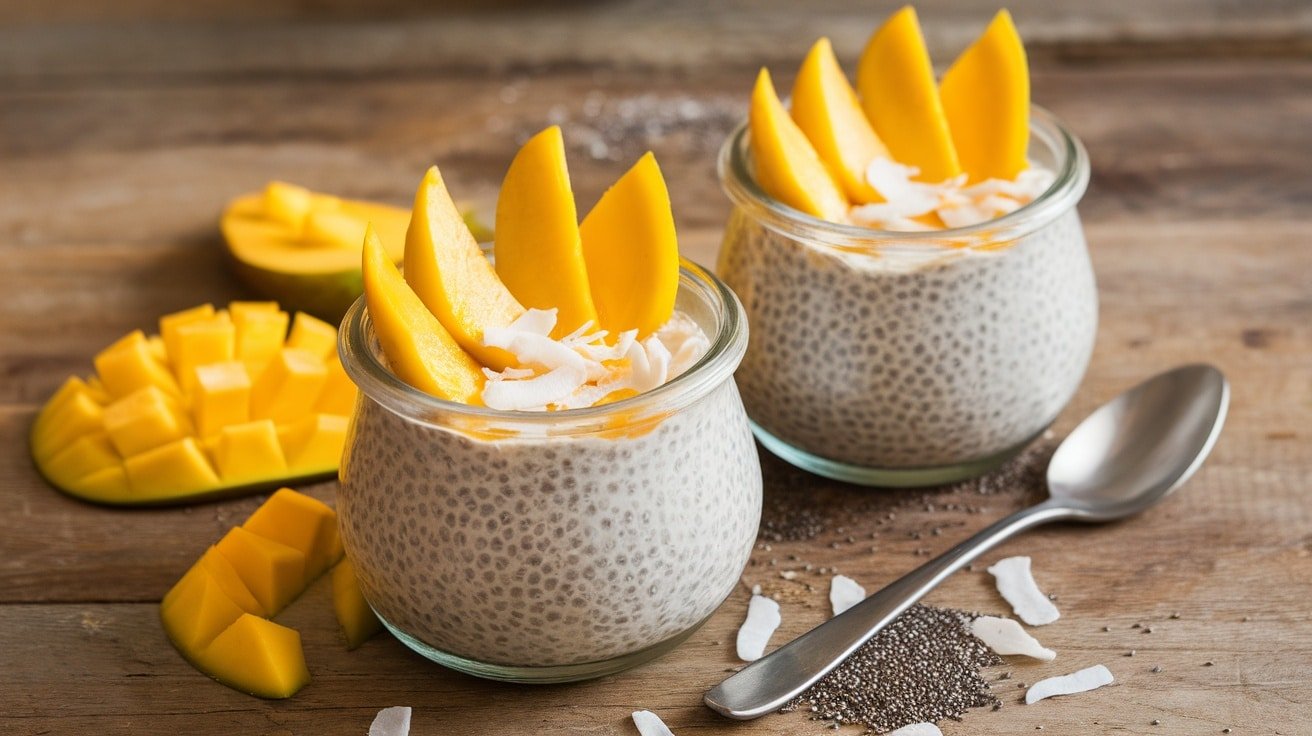 Coconut chia seed pudding in glass jars topped with mango slices and shredded coconut on a wooden table.
