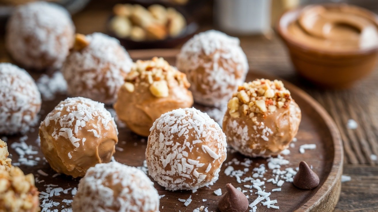 A plate of no-bake almond butter bliss balls, coated in coconut and nuts, served on a wooden table with almond butter and chocolate chips.