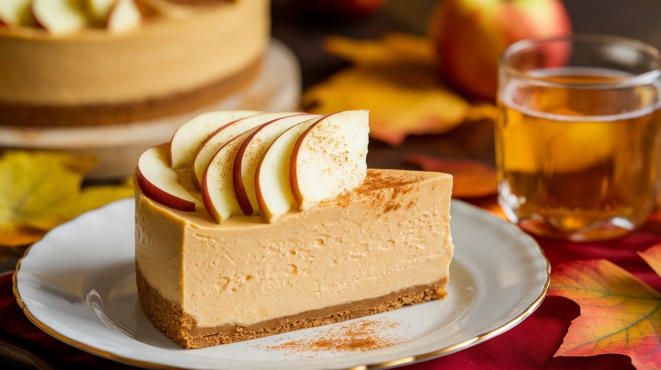 A slice of no-bake apple cider cheesecake on a plate, garnished with apple slices and cinnamon.
