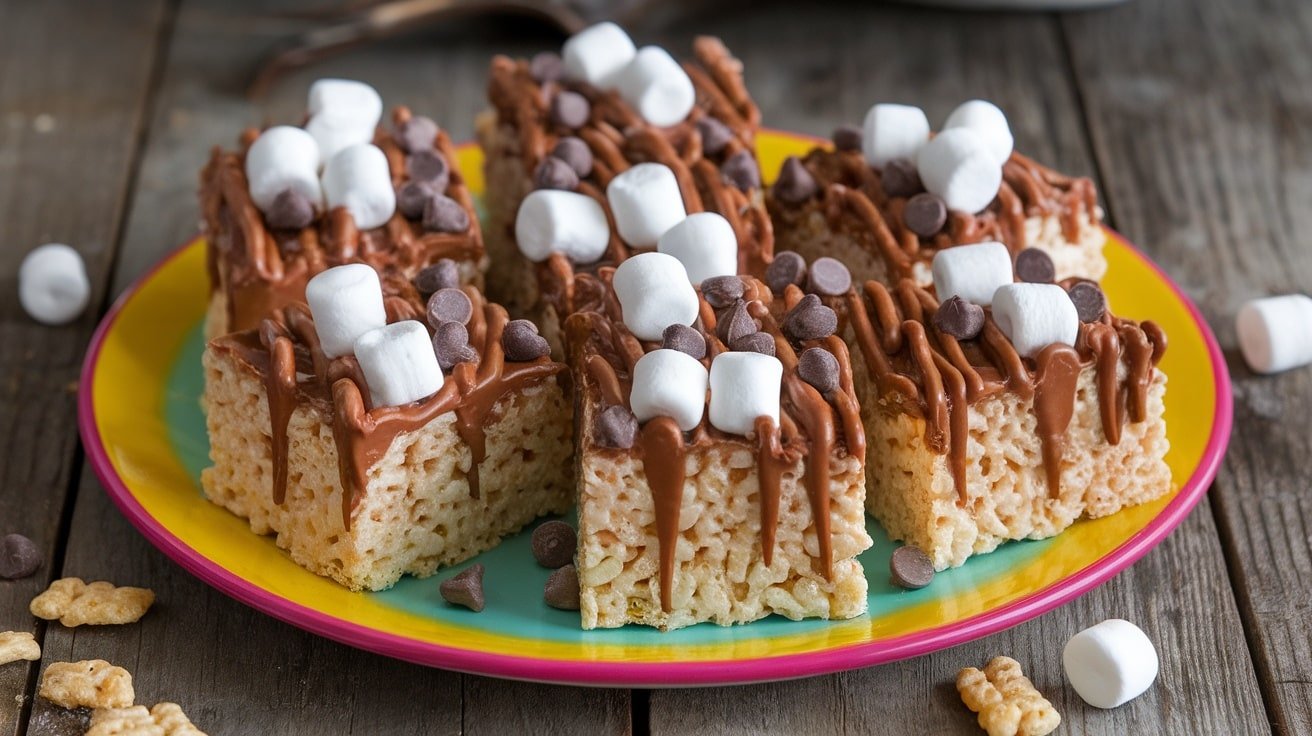 A plate of crunchy Nutella Rice Krispie Treats topped with marshmallows and chocolate chips, on a rustic table.