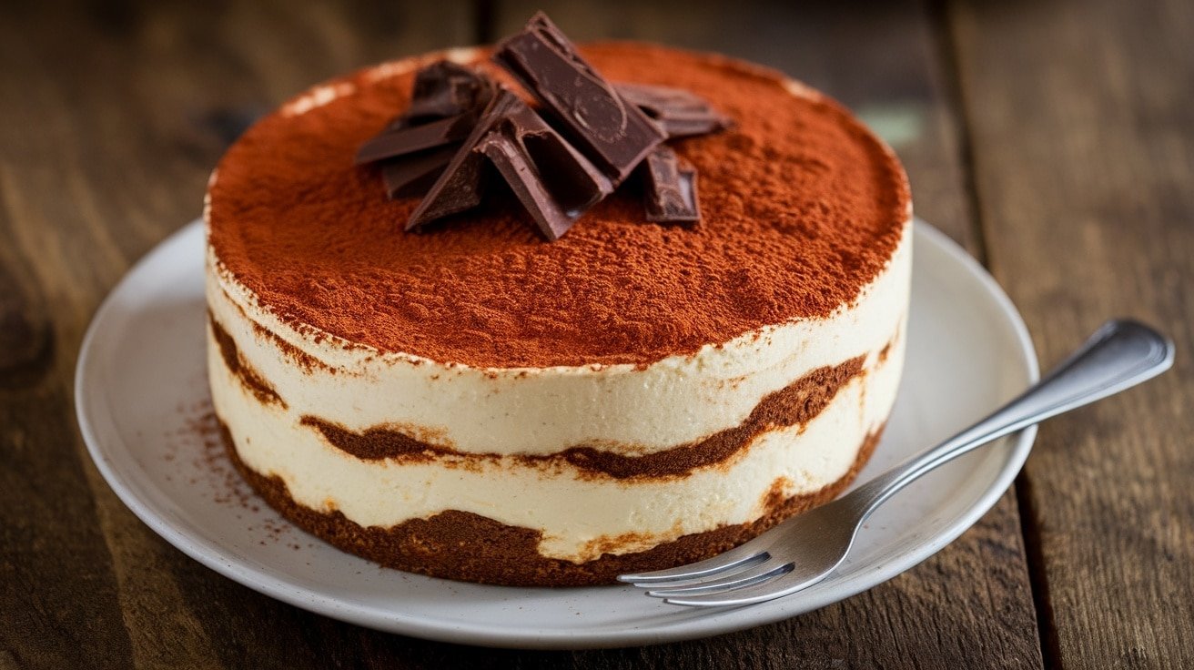 No-bake tiramisu cheesecake with espresso layers, garnished with cocoa powder and chocolate shavings on a rustic wooden table.