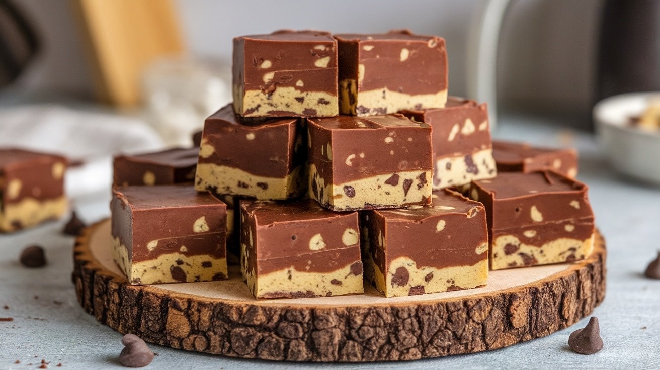 Squares of No-Bake Chocolate Chip Cookie Dough Fudge on a wooden platter, sprinkled with chocolate chips.