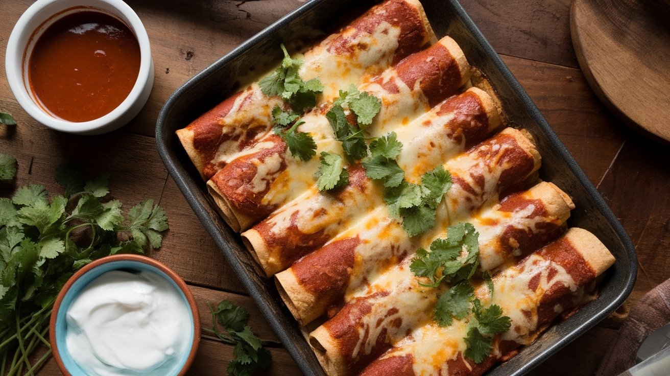 Baked beef enchiladas topped with melted cheese and cilantro, served with sauce and sour cream on a wooden table.