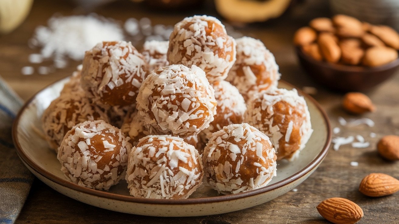 Plate of No-Bake Almond Coconut Date Balls coated in coconut, with almonds in the background.