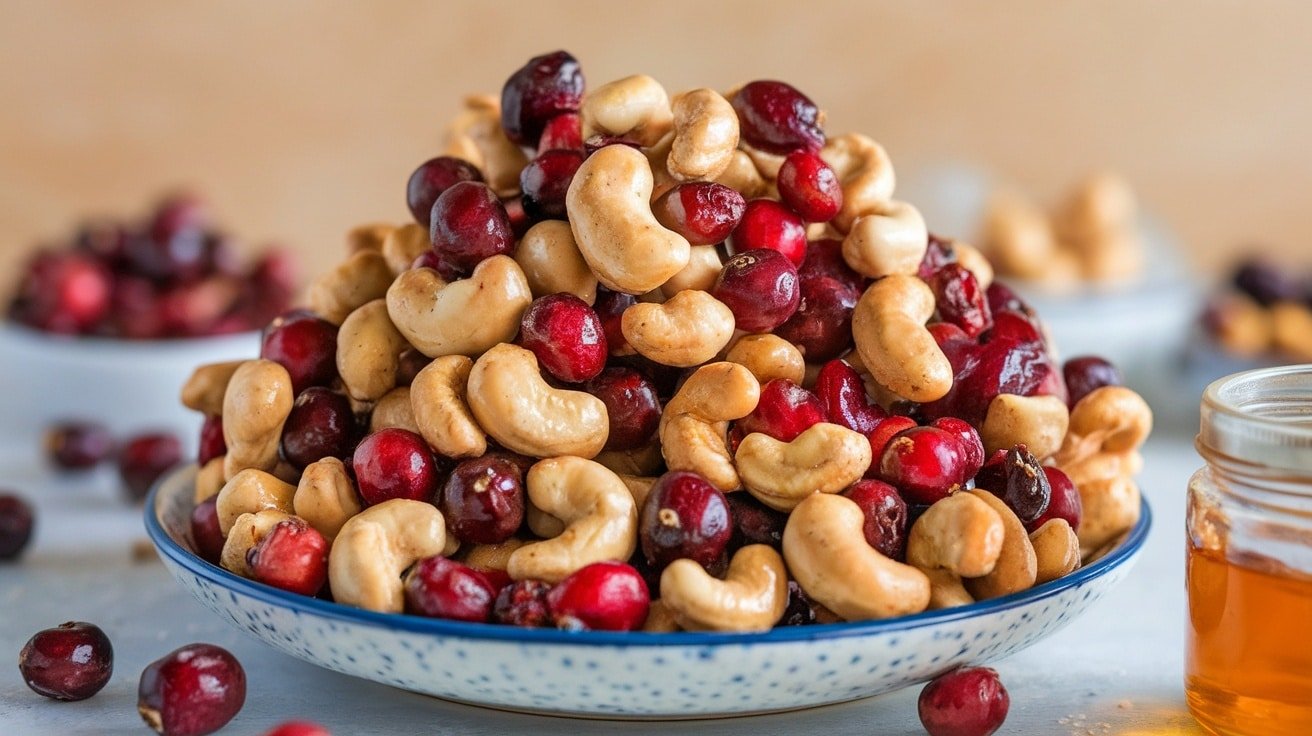 A plate of no-bake cranberry cashew clusters, with cashews and cranberries, on a wooden table.
