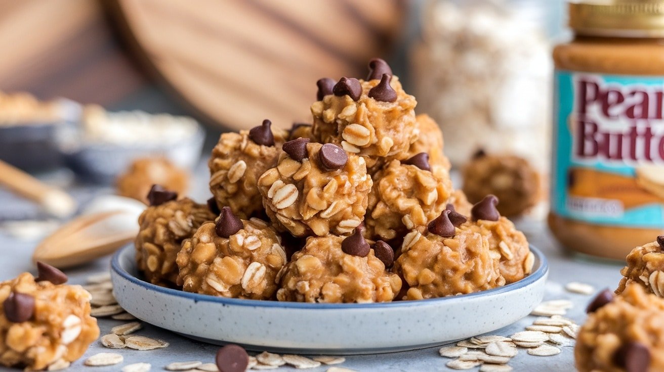 Plate of no-bake peanut butter oatmeal energy bites, surrounded by oats and chocolate chips, on a wooden cutting board in a cozy kitchen.