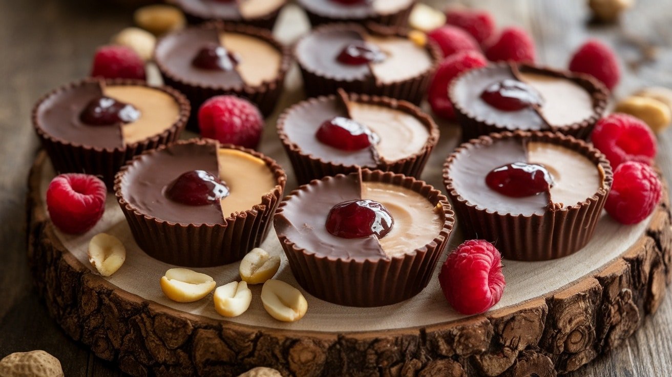 Delicious No-Bake Peanut Butter and Jelly Cups on a wooden platter, with chocolate coating and jelly filling.
