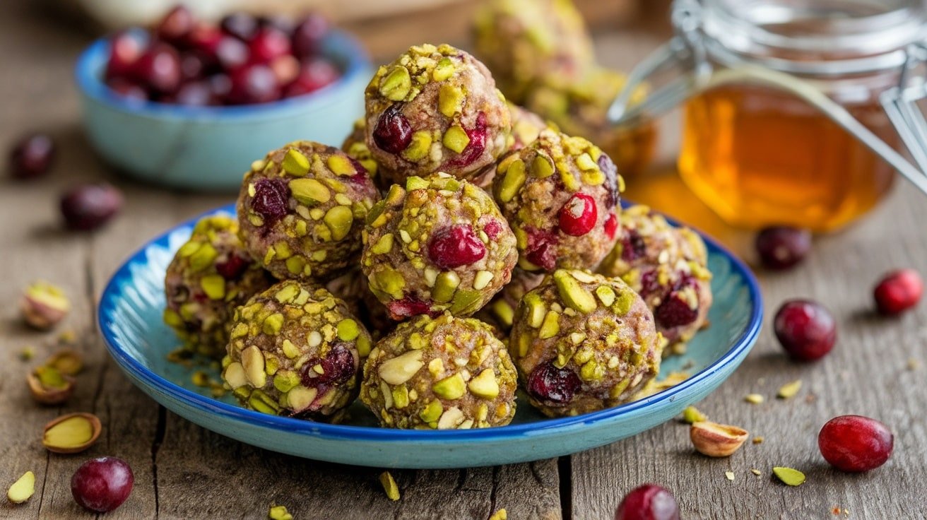 A plate of no-bake pistachio cranberry bliss balls with crushed pistachios on top, on a rustic wooden table.