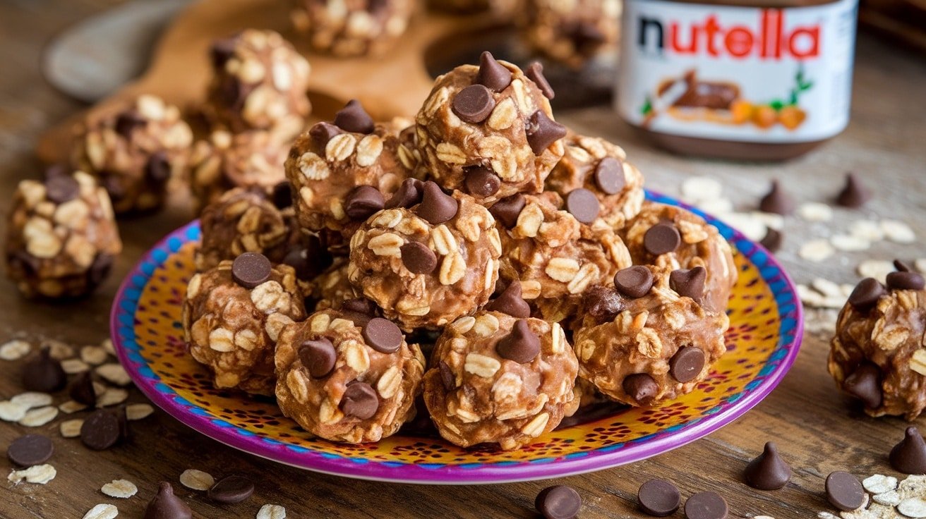 Nutella Oatmeal Energy Bites displayed on a plate with a jar of Nutella and chocolate chips.