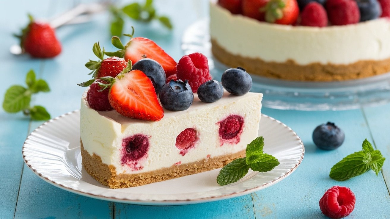 A slice of No-Bake Summer Berry Cheesecake topped with fresh berries on a white plate.