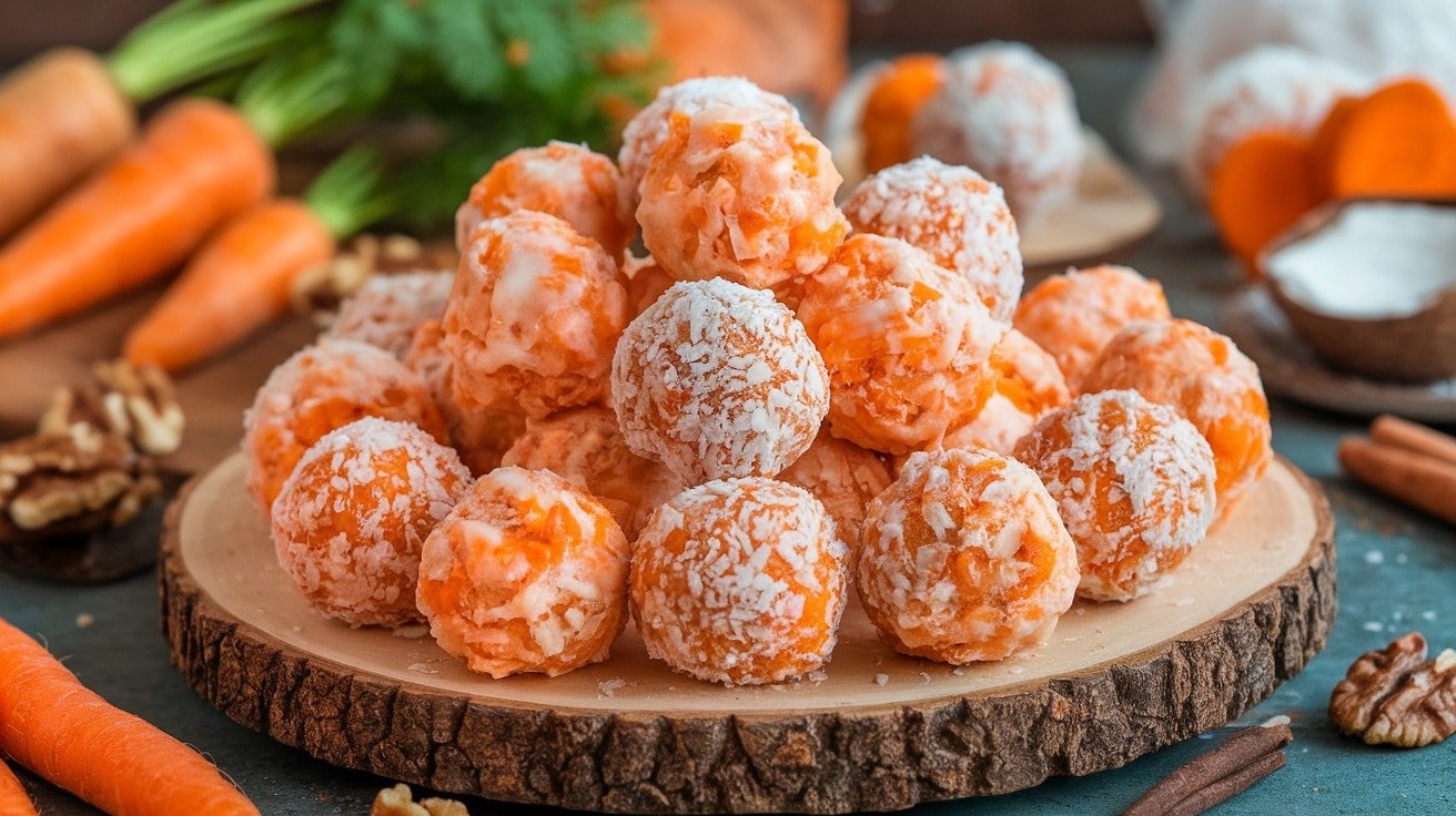 No-bake carrot cake protein balls on a wooden platter, with shredded coconut and fresh carrots.