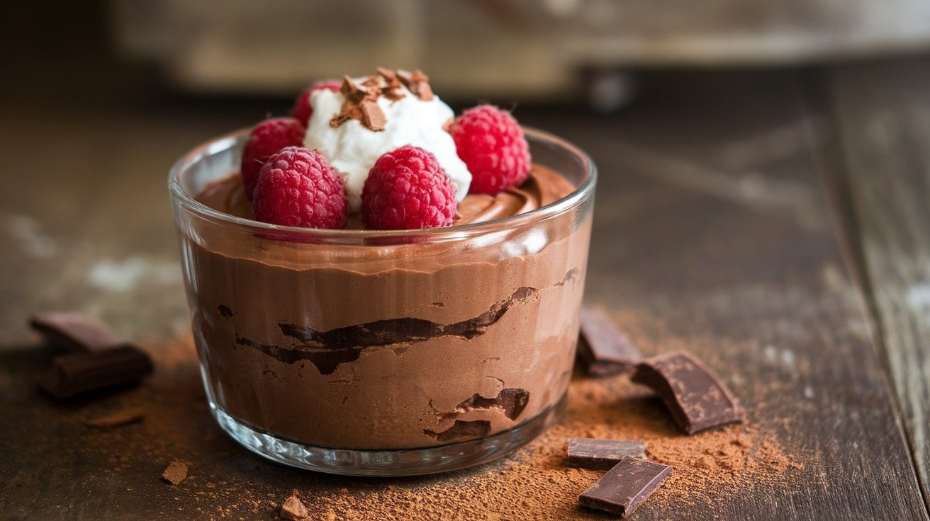 Decadent No-Bake Chocolate Tofu Mousse in a glass, topped with raspberries and coconut cream.