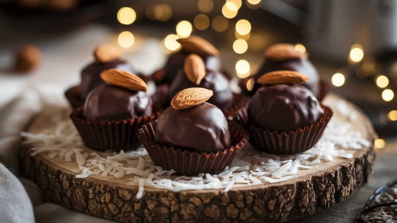 Delicious no-bake almond truffles coated in chocolate, garnished with almonds, on a wooden platter.