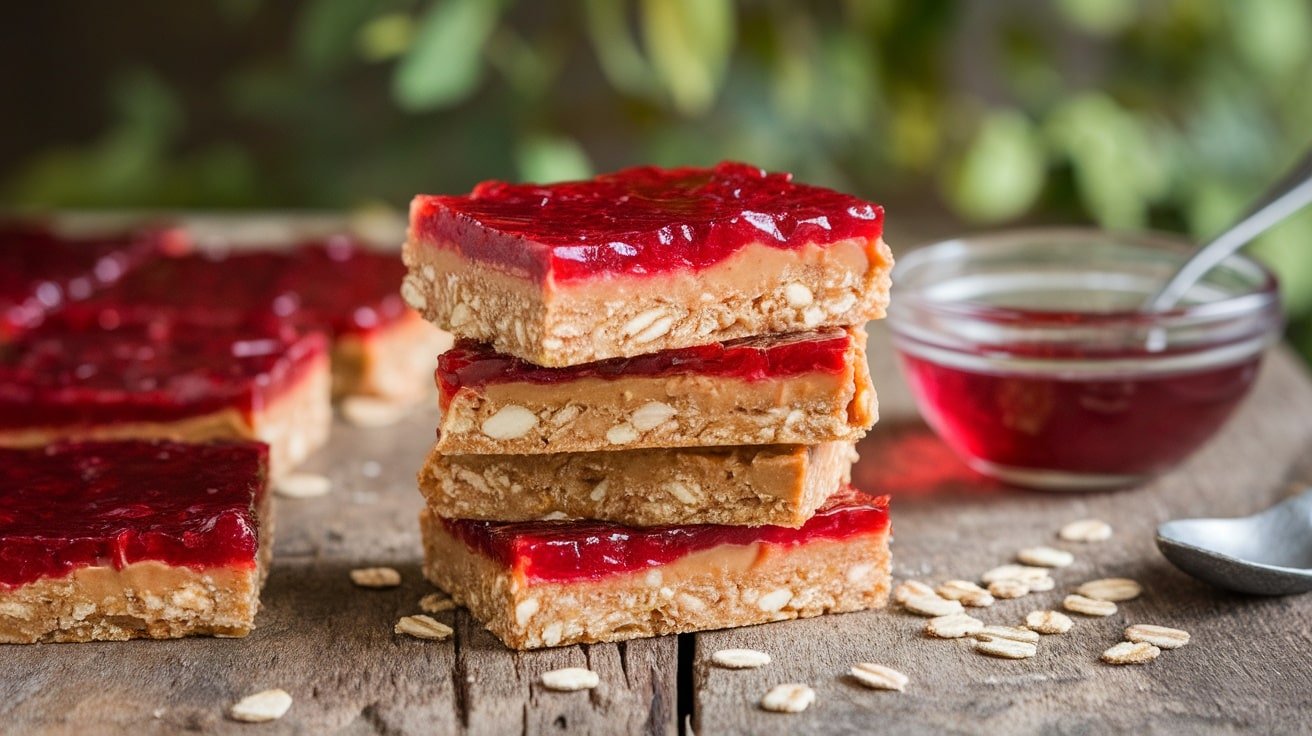 Stacked no-bake peanut butter and jelly oat bars with jelly, on a wooden table next to a bowl of jelly.