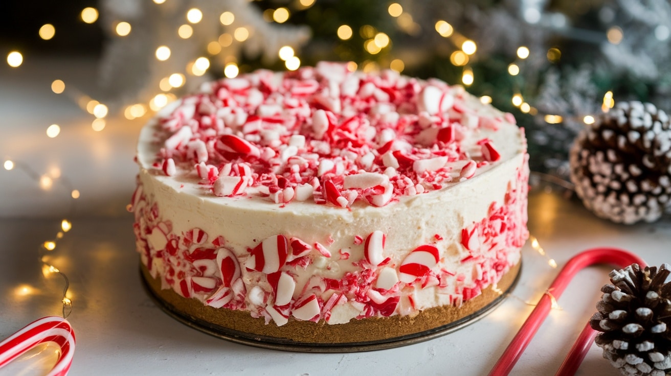 Festive no-bake candy cane cheesecake topped with crushed candy canes, set on a holiday-themed table.