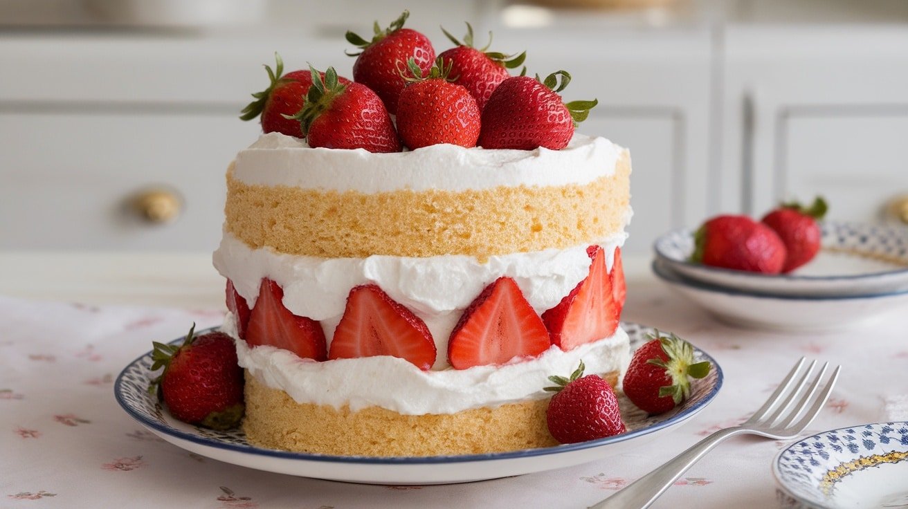 A no-bake strawberry shortcake icebox cake layered with strawberries and whipped cream on a decorative plate.