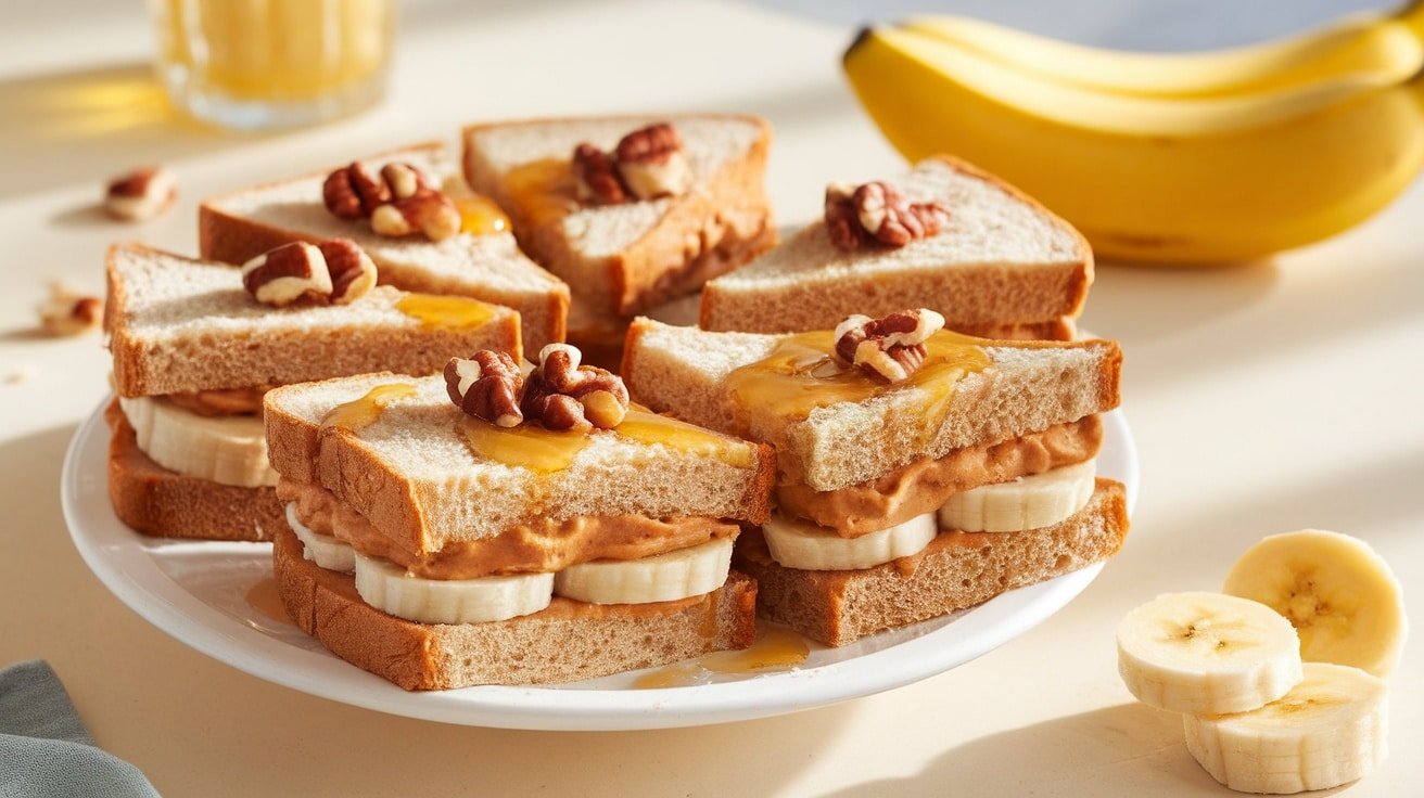 Frozen peanut butter banana sandwiches arranged on a plate, drizzled with honey and topped with chopped nuts.