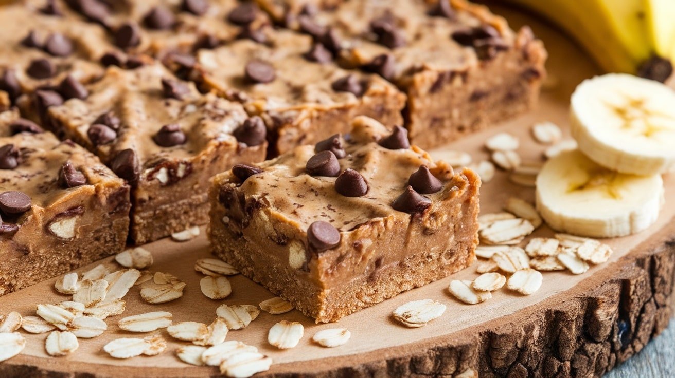 Chewy No-Bake Almond Butter Banana Bars on a wooden board with oats and banana slices.