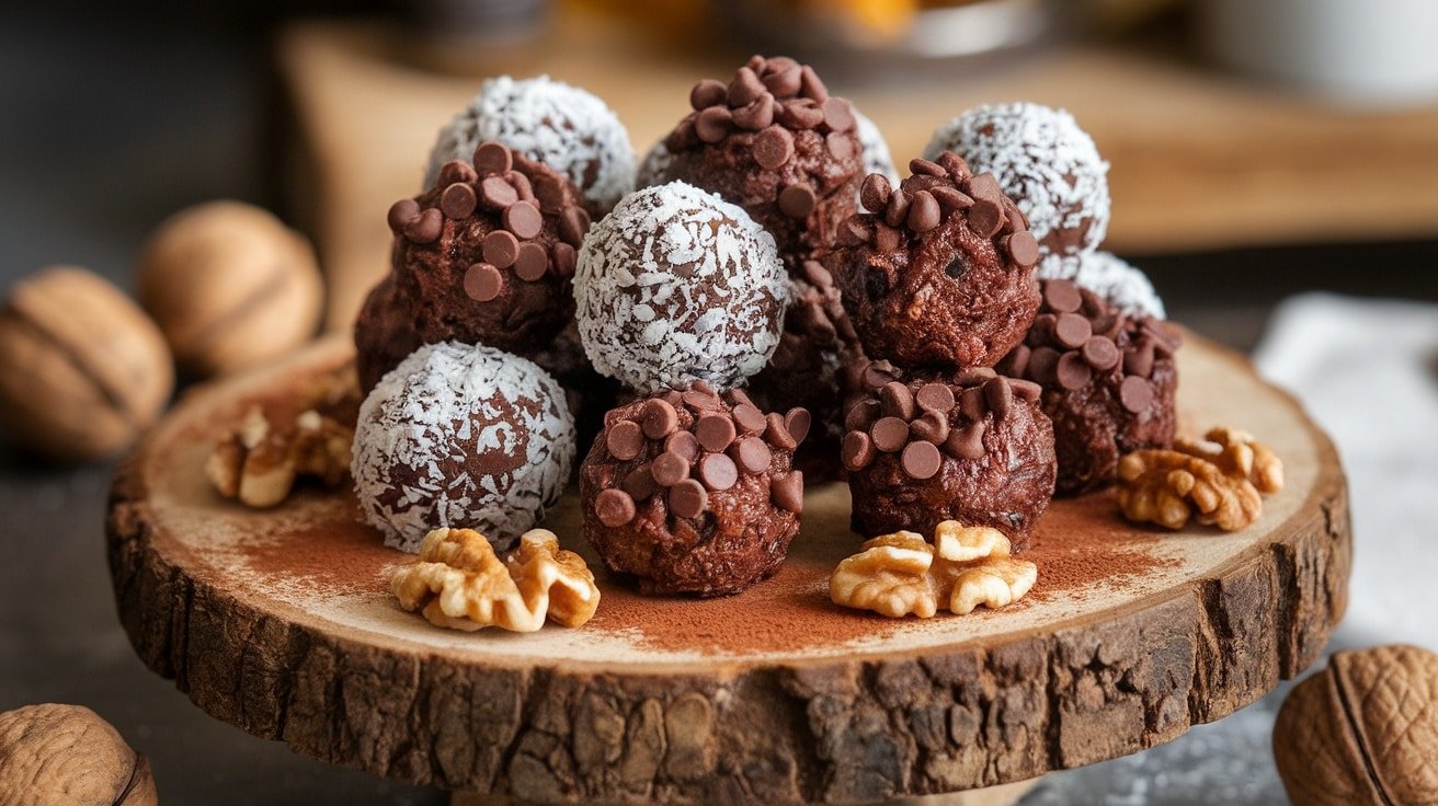 A plate of No-Bake Brownie Bites on a wooden platter, garnished with coconut and chocolate chips.