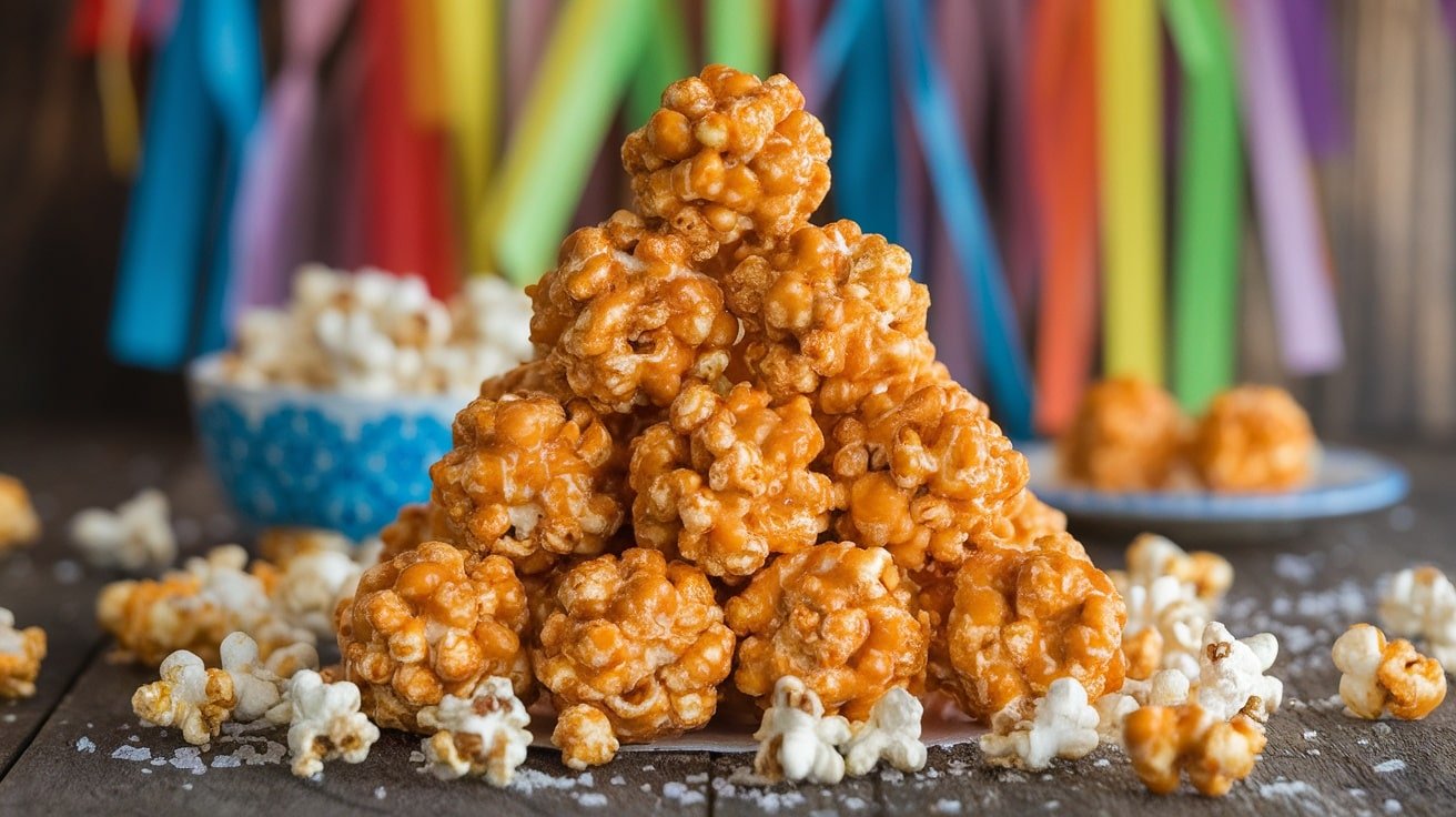 Golden caramel popcorn balls stacked, coated in shiny caramel, on a rustic table.