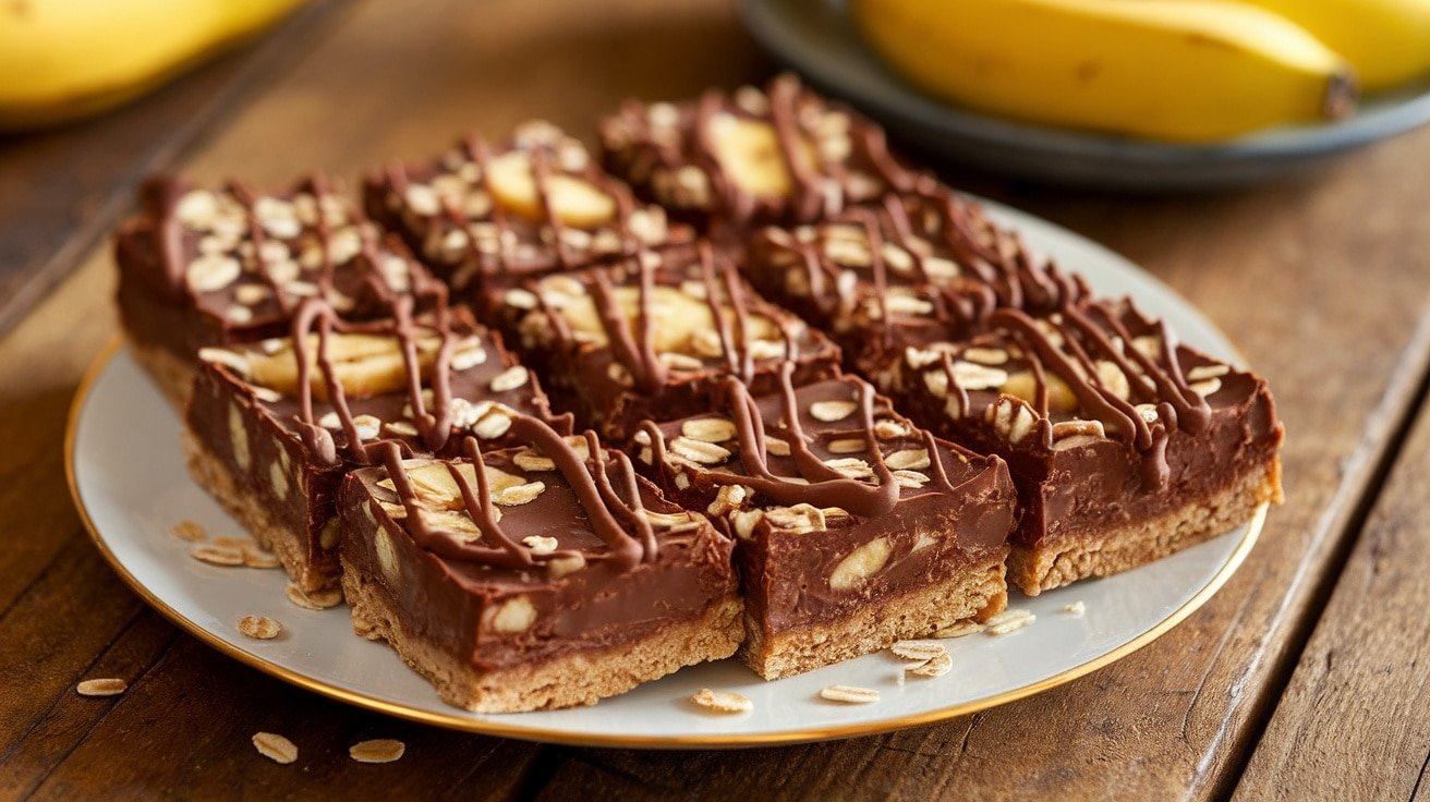 Sliced No-Bake Chocolate Banana Oat Bars on a plate, garnished with chocolate drizzle and oats.