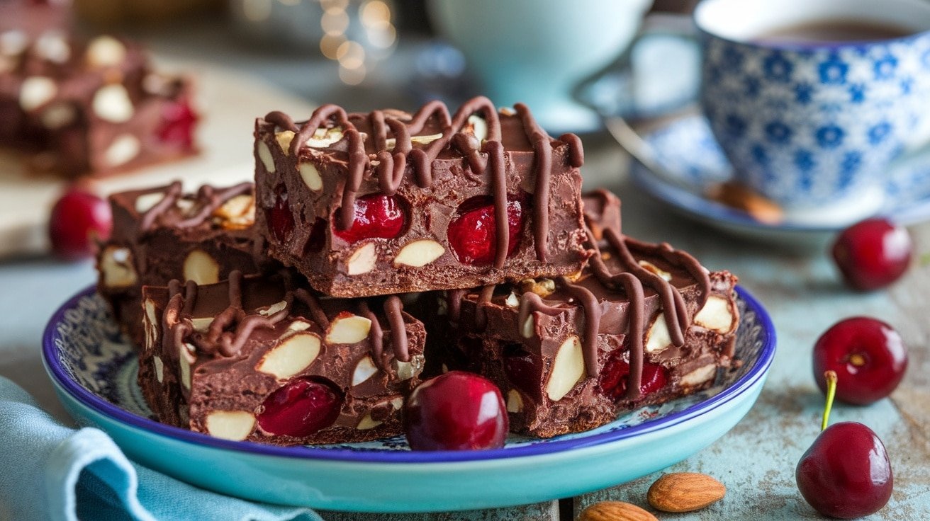 A plate of no-bake chocolate cherry almond bars, rich with chocolate, cherries, and almonds, on a rustic kitchen table.