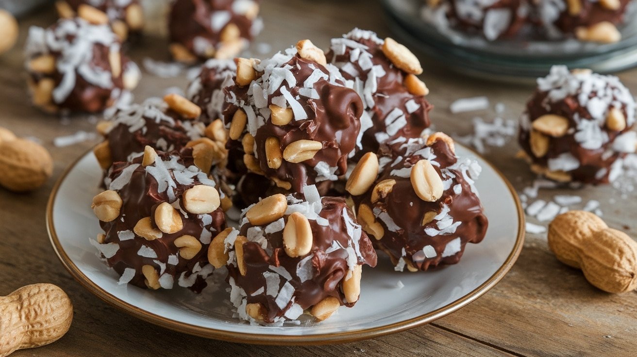 Plate of no-bake chocolate coconut peanut clusters with peanuts and coconut, on a rustic wooden table.