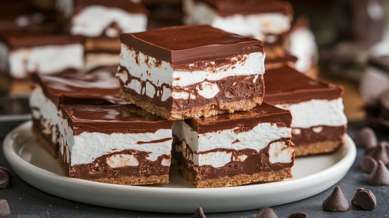 Delicious No-Bake Chocolate Marshmallow Bars with chocolate, marshmallows, and a graham cracker base on a plate.