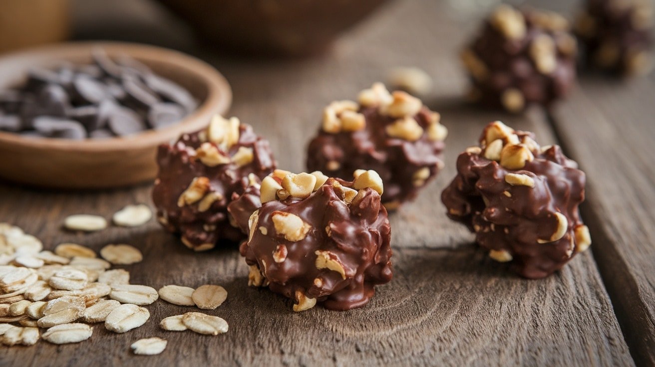 No-bake chocolate oat clusters with a glossy finish, placed on a rustic table with chocolate chips and oats.