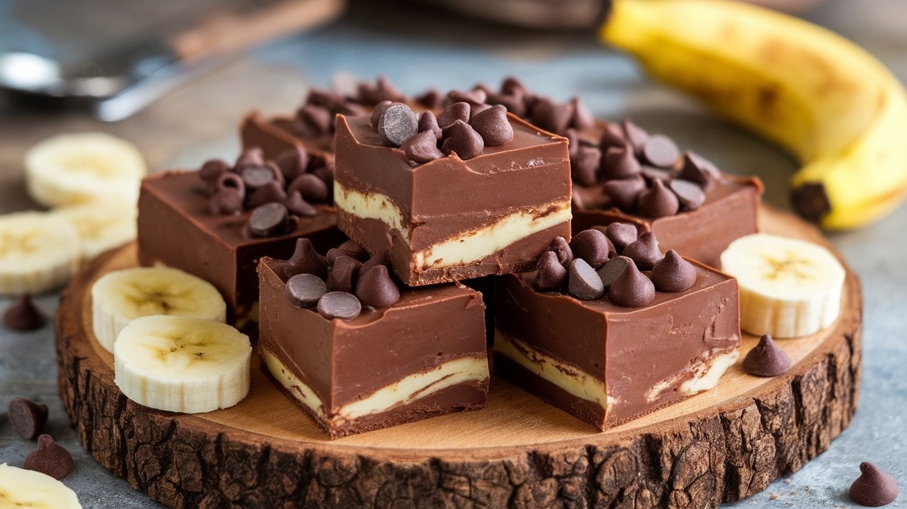 Squares of No-Bake Chocolate Peanut Butter Banana Fudge on a wooden board with banana slices and chocolate chips.
