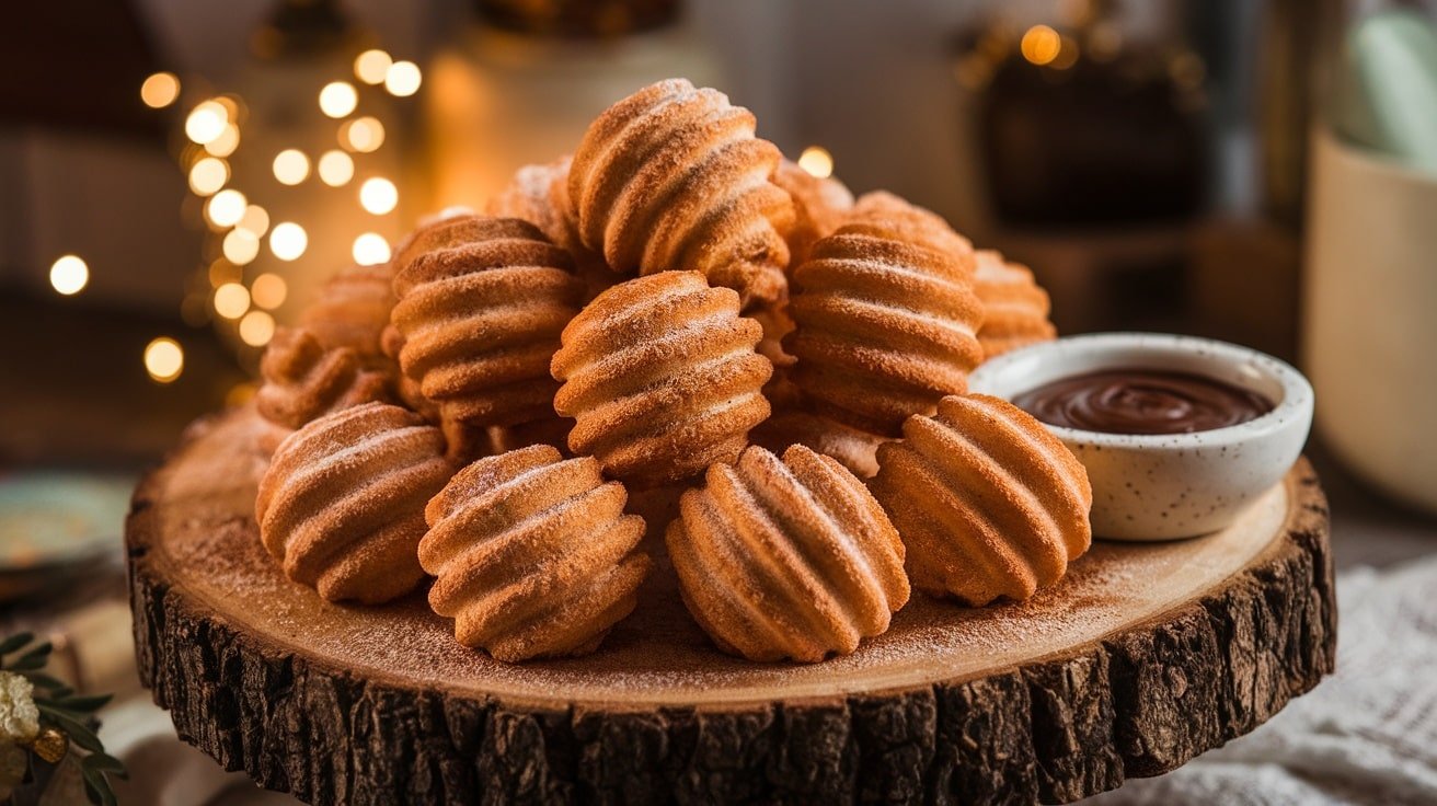 A plate filled with no-bake churro bites coated in cinnamon sugar, served with a bowl of chocolate sauce.