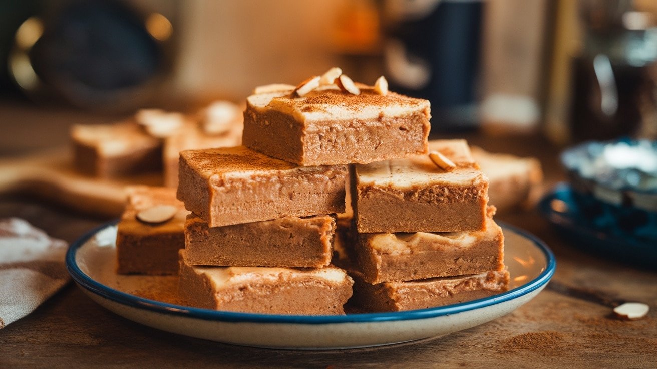 A stack of no-bake cinnamon almond butter bars on a plate, garnished with almonds, set against a rustic kitchen backdrop.