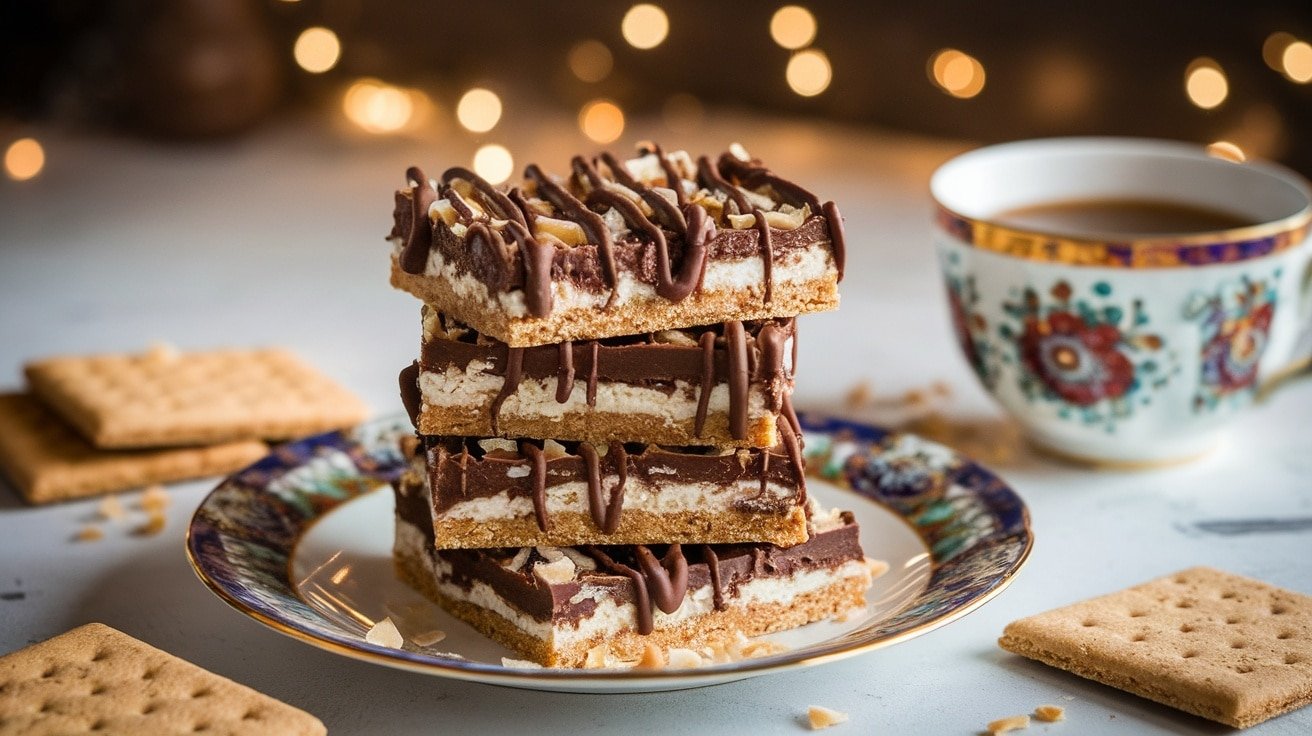 Layered no-bake chocolate coconut graham cracker stacks on a plate, drizzled with chocolate.