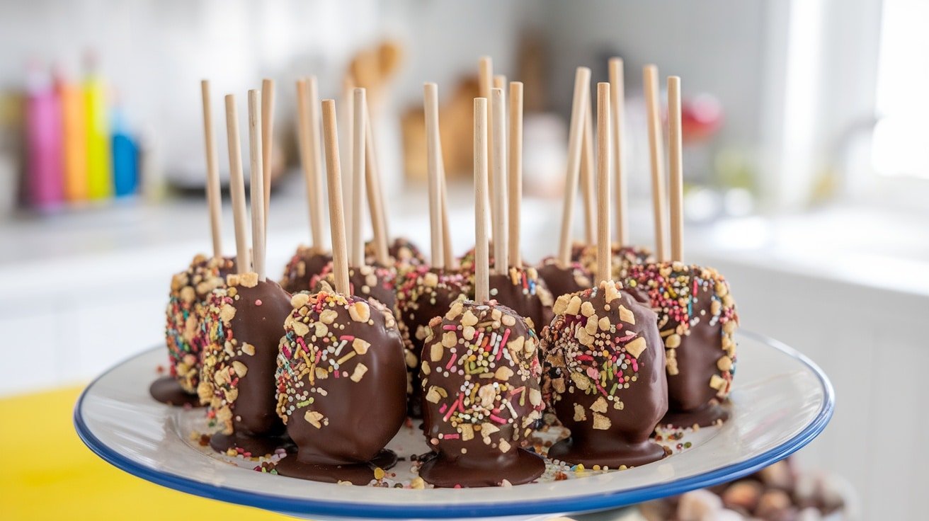 Frozen banana pops coated in dark chocolate with nuts and sprinkles on a white plate.