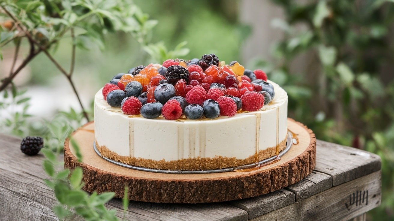 A no-bake cheesecake topped with fresh berries and honey on a wooden table.