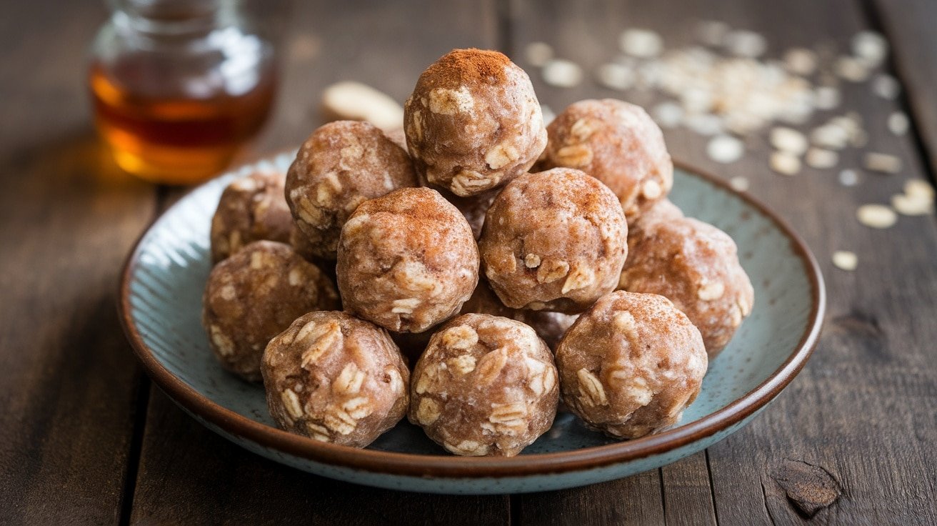 A plate of No-Bake Maple Cinnamon Energy Bites with cinnamon and oats in the background.