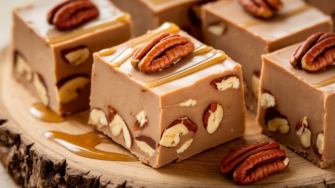 A square of creamy No-Bake Maple Pecan Fudge with pecans, on a wooden board with maple syrup drizzle.