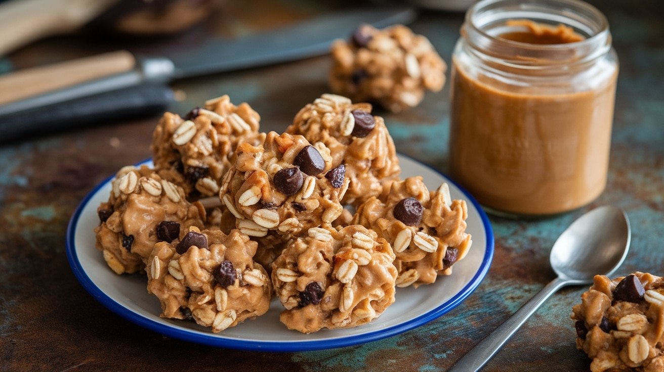 A plate filled with chewy No-Bake Peanut Butter Oat Clusters with oats and chocolate chips.