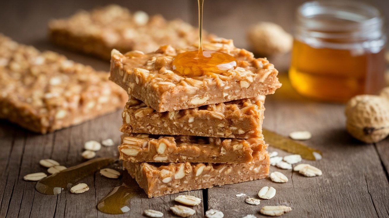Nutty no-bake peanut butter and honey oat bars on a wooden table with honey and oats.