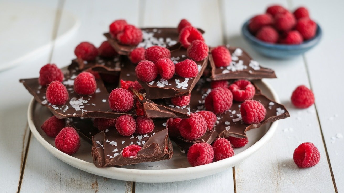 Raspberry Dark Chocolate Bark pieces on a plate with fresh raspberries and sprinkled sea salt.