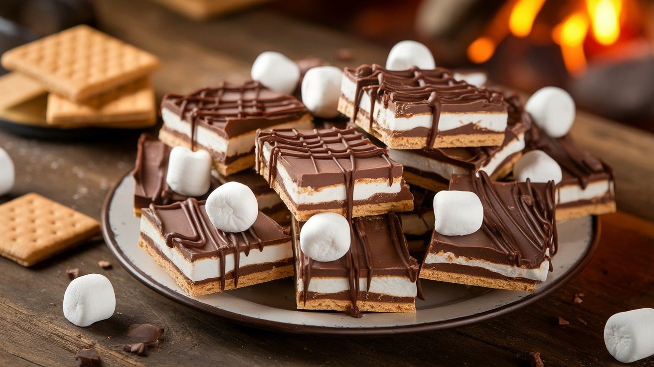 S’mores bark squares on a wooden platter, drizzled with chocolate, highlighting layers of graham crackers and marshmallows.