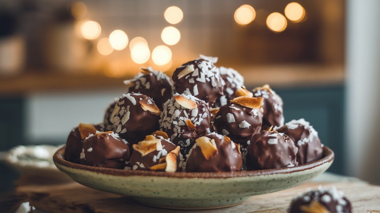 Plate of No-Bake Toasted Coconut Chocolate Bites with toasted coconut flakes, set in a warm kitchen ambiance.