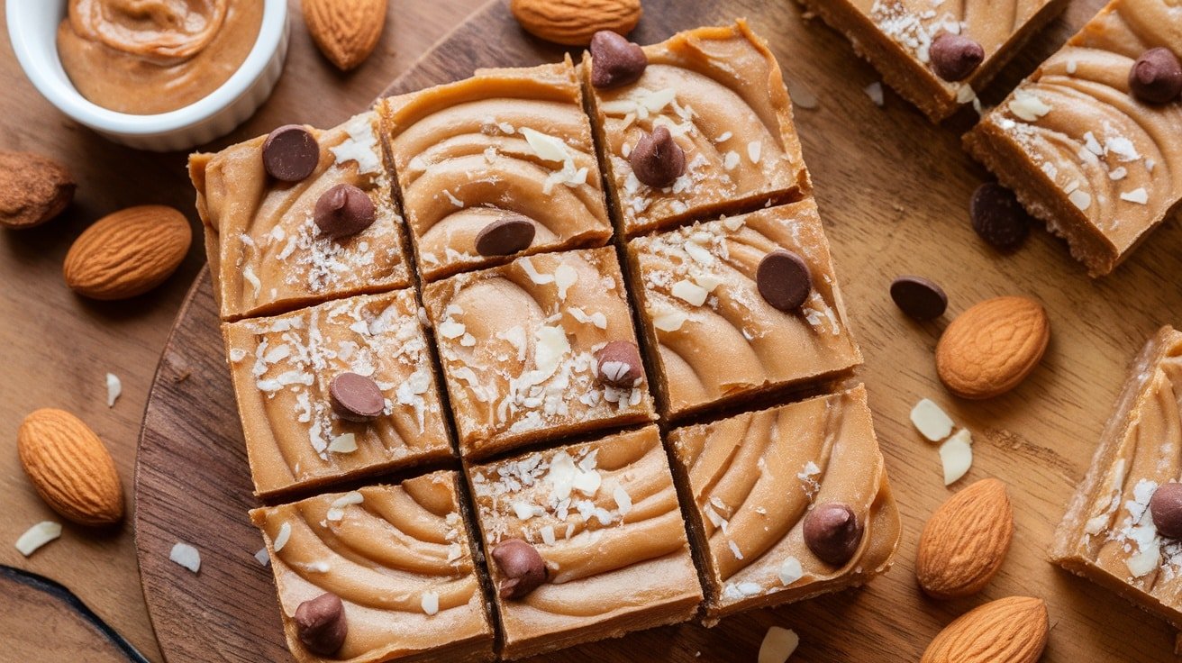 No-Bake Vanilla Almond Butter Bars arranged on a wooden board, topped with coconut and chocolate chips, with almonds and almond butter in the background.
